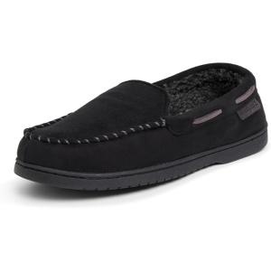 image:imageDearfoams mens Keaton Memory Foam Moccasin Slippers With Indoor and Outdoor Sole and Wide WidthsBlack Microsuede