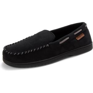 image:imageDearfoams mens Keaton Memory Foam Moccasin Slippers With Indoor and Outdoor Sole and Wide WidthsBlack Perforated