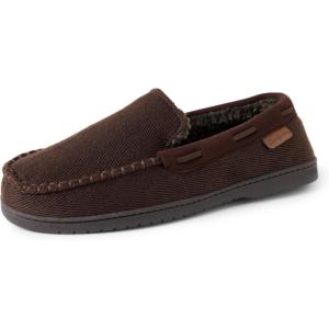 image:imageDearfoams mens Keaton Memory Foam Moccasin Slippers With Indoor and Outdoor Sole and Wide WidthsCoffee Twill