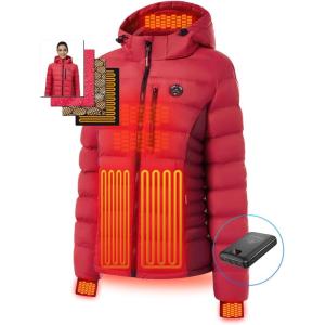 imageWomens Heated Puffer Jacket With 12V Battery PackInsulated WaterResistant Hooded HandHeating Electric Heated JacketRed