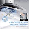 imageCOMFEE CVG30W8AST 30 Inches Ducted Wall Mount Vent Range Hood with 450 CFM 3 Speed Exhaust Fan Baffle Filters Curved Glass 2 LED Lights Convertible to Ductless Stainless SteelGesture Sensing Control