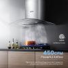 imageCOMFEE CVG30W8AST 30 Inches Ducted Wall Mount Vent Range Hood with 450 CFM 3 Speed Exhaust Fan Baffle Filters Curved Glass 2 LED Lights Convertible to Ductless Stainless SteelButton Control