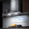 imageCOMFEE CVG30W8AST 30 Inches Ducted Wall Mount Vent Range Hood with 450 CFM 3 Speed Exhaust Fan Baffle Filters Curved Glass 2 LED Lights Convertible to Ductless Stainless SteelButton Control