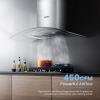imageCOMFEE CVG30W8AST 30 Inches Ducted Wall Mount Vent Range Hood with 450 CFM 3 Speed Exhaust Fan Baffle Filters Curved Glass 2 LED Lights Convertible to Ductless Stainless SteelButton Control