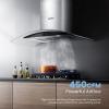imageCOMFEE CVG30W8AST 30 Inches Ducted Wall Mount Vent Range Hood with 450 CFM 3 Speed Exhaust Fan Baffle Filters Curved Glass 2 LED Lights Convertible to Ductless Stainless SteelGesture Sensing Control