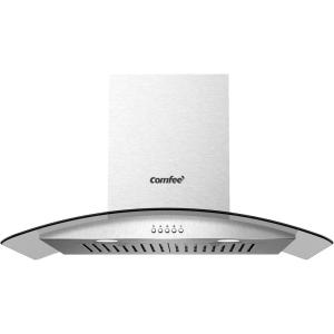 imageCOMFEE CVG30W8AST 30 Inches Ducted Wall Mount Vent Range Hood with 450 CFM 3 Speed Exhaust Fan Baffle Filters Curved Glass 2 LED Lights Convertible to Ductless Stainless SteelButton Control