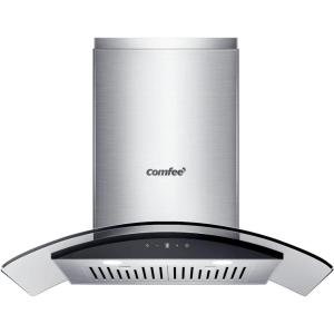 imageCOMFEE CVG30W8AST 30 Inches Ducted Wall Mount Vent Range Hood with 450 CFM 3 Speed Exhaust Fan Baffle Filters Curved Glass 2 LED Lights Convertible to Ductless Stainless SteelGesture Sensing Control