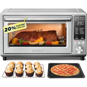 imageCOMFEE Toaster Oven Air Fryer FLASHWAVE UltraRapid Heat Technology Convection Toaster Oven Countertop with Bake Broil Roast 6 Slices Fits 12 Pizza 24QT 4 Accessories 1750W Stainless Steel
