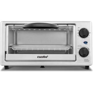 imageCOMFEE Toaster Oven Countertop Small Toaster Ovens Combo 4 slice Mini Oven for 9quot Pizza Compact Oven 2 Racks for Toast Bake Broil 950W Black CTOE101ABK4 Slice Slivery