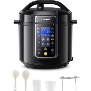 imageCOMFEE 9in1 Electric Pressure Cooker 13 Presets Instant Multi Cooker Olla de Presion Slow Cooker Rice Cooker Steamer Saut Yogurt Maker NonStick Pot 6 Quart Black AluminumBlack