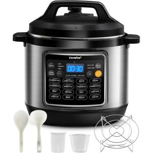imageCOMFEE 9in1 Electric Pressure Cooker 13 Presets Instant Multi Cooker Olla de Presion Slow Cooker Rice Cooker Steamer Saut Yogurt Maker NonStick Pot 6 Quart Black AluminumStainless Steel