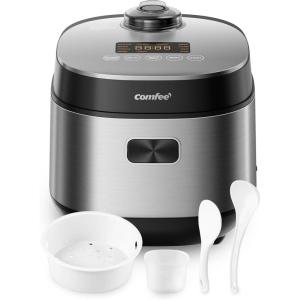 imageCOMFEE Compact Rice Cooker 8 Cups Cooked4 Cups Uncooked 9in1 Multi Cooker Fast Rice Maker Steam Brown Rice Grains Fuzzy Logic Technology Grey