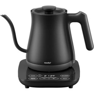 imageCOMFEE Gooseneck Electric Kettle with Temperature Control 3 Variable Presets 100 Stainless Steel 1500 Watt Powerful Quick Heating Portable Hot Water Kettle for Pour Over Coffee and Tea 06LBlack