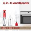 imageCOMFEE Immersion Hand Blender Brushed Stainless Steel Multipurpose Stick Blender with 500 Watts 600ml Beaker 500ml Chopper and Whisk Perfect for Baby Food Smoothies Sauces and Soups BlackRed