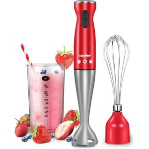 imageCOMFEE Immersion Hand Blender Brushed Stainless Steel Multipurpose Stick Blender with 500 Watts 600ml Beaker 500ml Chopper and Whisk Perfect for Baby Food Smoothies Sauces and Soups BlackRed