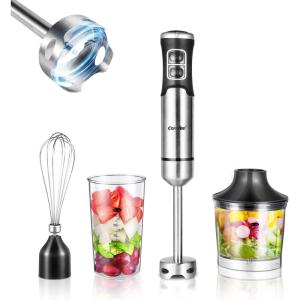 imageCOMFEE Immersion Hand Blender Brushed Stainless Steel Multipurpose Stick Blender with 500 Watts 600ml Beaker 500ml Chopper and Whisk Perfect for Baby Food Smoothies Sauces and Soups BlackSilver