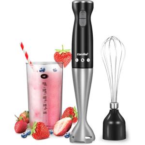 imageCOMFEE Immersion Hand Blender Brushed Stainless Steel Multipurpose Stick Blender with 500 Watts 600ml Beaker 500ml Chopper and Whisk Perfect for Baby Food Smoothies Sauces and Soups BlackBlack