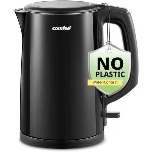 imageCOMFEE Electric Kettle and Tea Kettle 15L Double Wall Stainless Steel Interior Lid ampamp Spout Fast Boil AutoOff and BoilDry Protection 1500WBlack