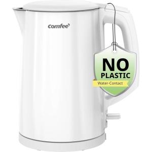 imageCOMFEE Electric Kettle and Tea Kettle 15L Double Wall Stainless Steel Interior Lid ampamp Spout Fast Boil AutoOff and BoilDry Protection 1500WWhite