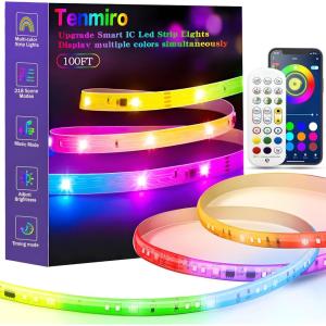 imageTenmiro Upgraded Smart IC 100ft LED Lights for Bedroom Multiple Colors on One Line LED Strip Lights Bluetooth APP Control Music Sync Color Changing Strip Lights for Room Home Party Decoration100ft