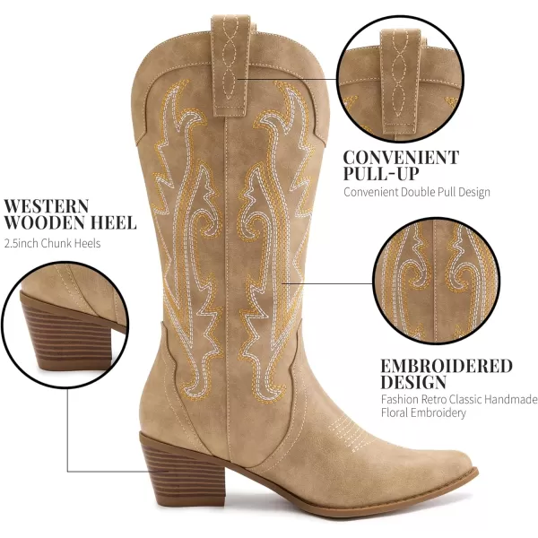 Athlefit Women's Embroidered Western Cowboy Boots Fashion Pointed Toe Chunky Heel Mid Calf Cowgirl Boots