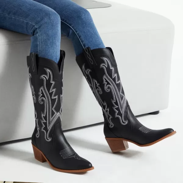 Athlefit Women's Embroidered Western Cowboy Boots Fashion Pointed Toe Chunky Heel Mid Calf Cowgirl Boots