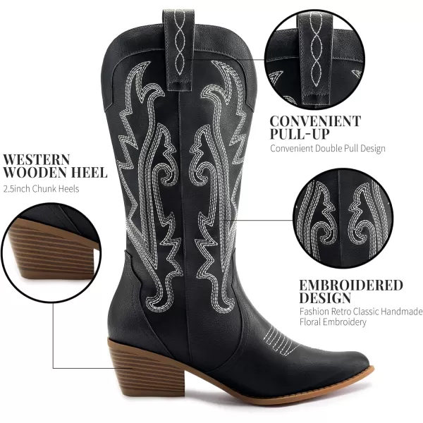 Athlefit Women's Embroidered Western Cowboy Boots Fashion Pointed Toe Chunky Heel Mid Calf Cowgirl Boots