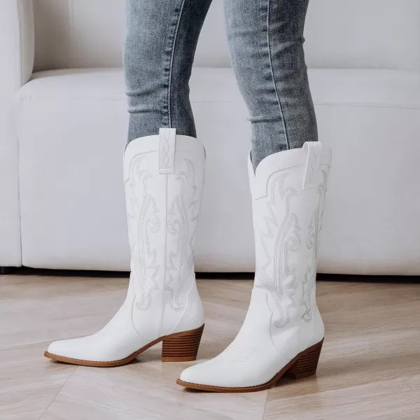 Athlefit Women's Embroidered Western Cowboy Boots Fashion Pointed Toe Chunky Heel Mid Calf Cowgirl Boots