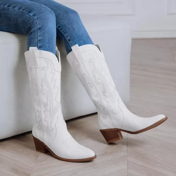 Athlefit Women's Embroidered Western Cowboy Boots Fashion Pointed Toe Chunky Heel Mid Calf Cowgirl Boots