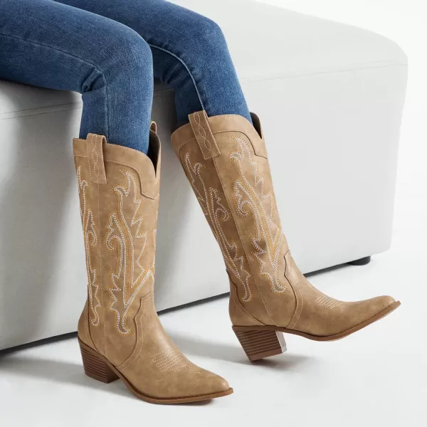 Athlefit Women's Embroidered Western Cowboy Boots Fashion Pointed Toe Chunky Heel Mid Calf Cowgirl Boots