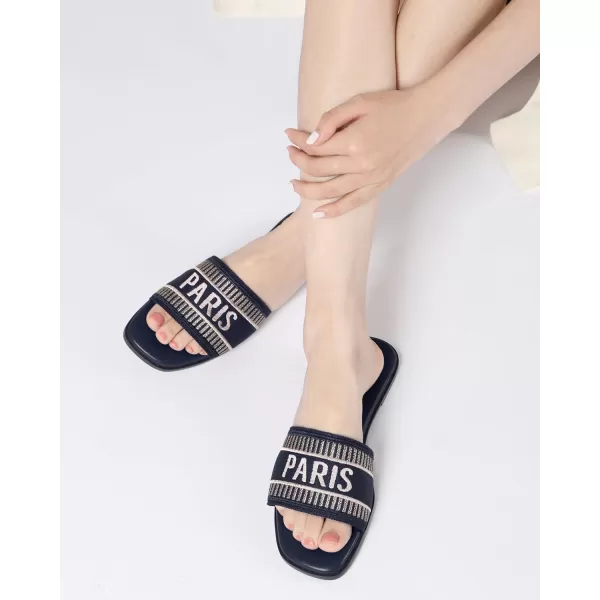 Athlefit Women's Slip On Flat Sandals Summer Embroidered Square Open Toe Slide Sandals