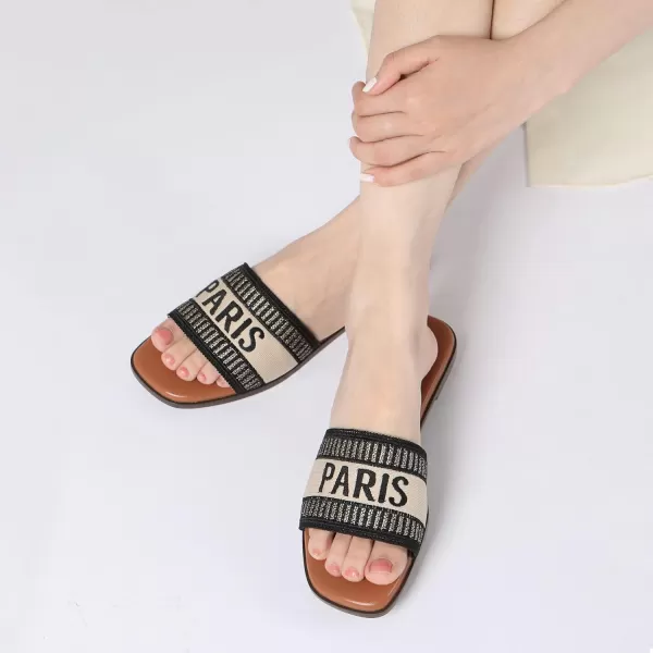 Athlefit Women's Slip On Flat Sandals Summer Embroidered Square Open Toe Slide Sandals