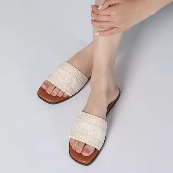 Athlefit Women's Slip On Flat Sandals Summer Embroidered Square Open Toe Slide Sandals