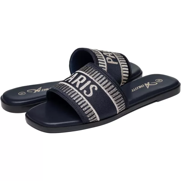 Athlefit Women's Slip On Flat Sandals Summer Embroidered Square Open Toe Slide Sandals
