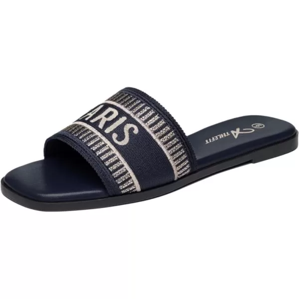Athlefit Women's Slip On Flat Sandals Summer Embroidered Square Open Toe Slide Sandals