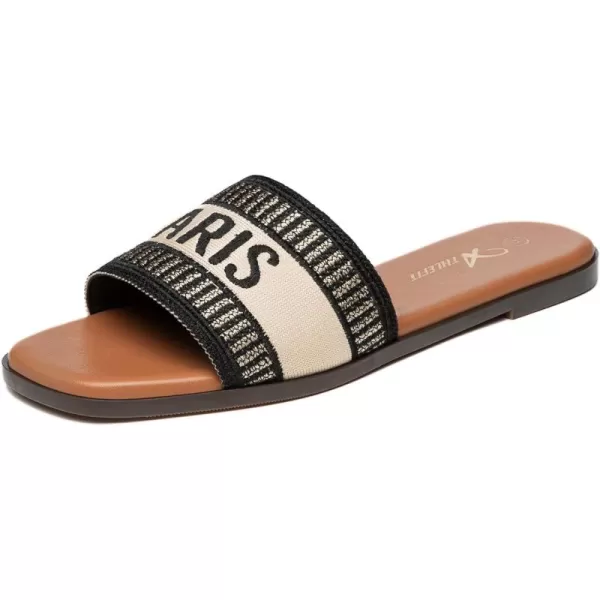 Athlefit Women's Slip On Flat Sandals Summer Embroidered Square Open Toe Slide Sandals