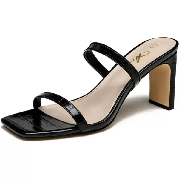 Athlefit Women's Square Open Toe Heeled Sandals Two Strap Slip On Backless Chunky Heels