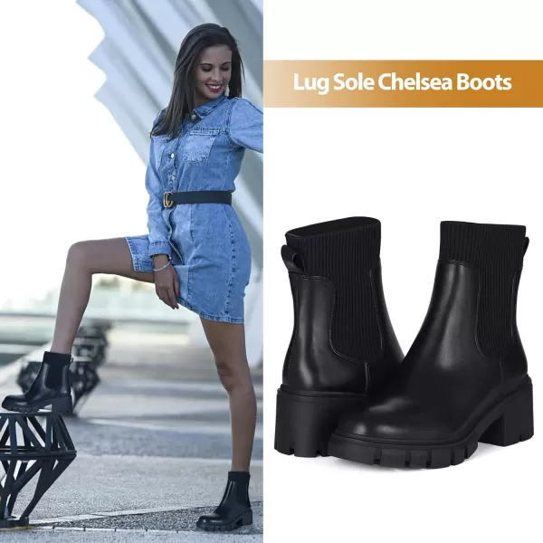 Athlefit Women's Chelsea Platform Ankle Boots Elastic Chunky Heel Lug Sole Booties