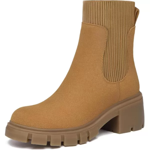 Athlefit Women's Chelsea Platform Ankle Boots Elastic Chunky Heel Lug Sole Booties