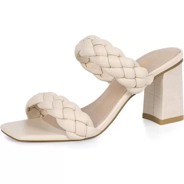 imageAthlefit Womens Braided Heeled Sandals Strappy Square Open Toe Heels Backless Mules Slip On Block HeelsBeige