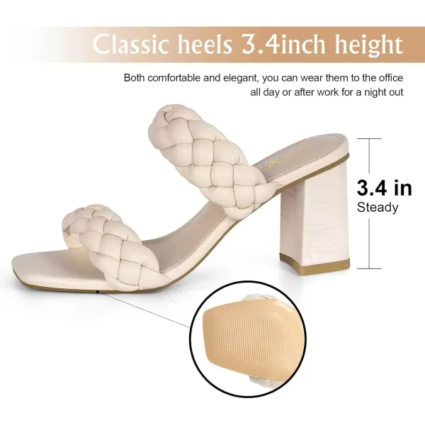 imageAthlefit Womens Braided Heeled Sandals Strappy Square Open Toe Heels Backless Mules Slip On Block HeelsBeige