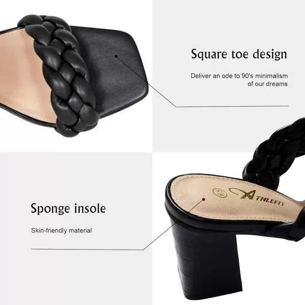 imageAthlefit Womens Braided Heeled Sandals Strappy Square Open Toe Heels Backless Mules Slip On Block HeelsBlockblack