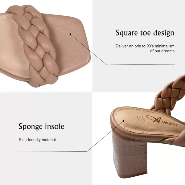 imageAthlefit Womens Braided Heeled Sandals Strappy Square Open Toe Heels Backless Mules Slip On Block HeelsBlocknude