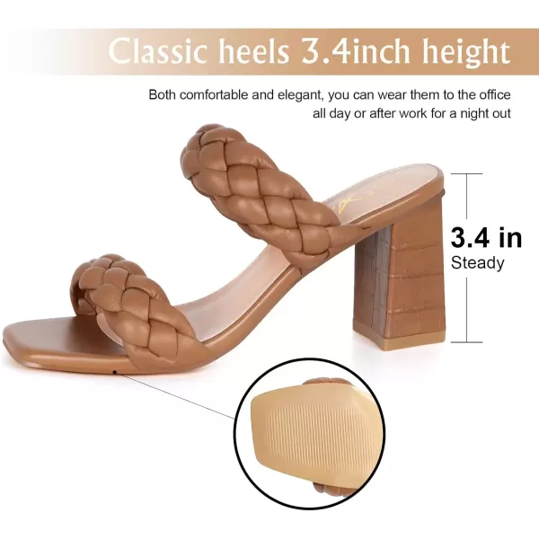 imageAthlefit Womens Braided Heeled Sandals Strappy Square Open Toe Heels Backless Mules Slip On Block HeelsTan