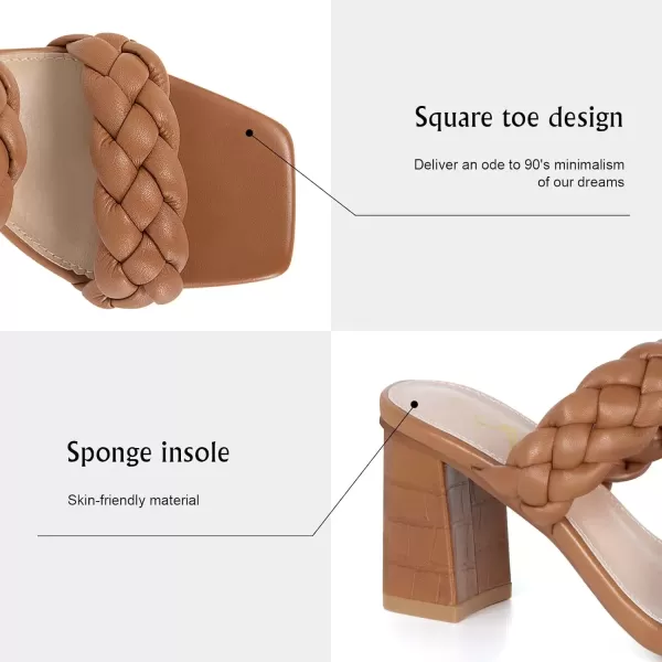 imageAthlefit Womens Braided Heeled Sandals Strappy Square Open Toe Heels Backless Mules Slip On Block HeelsTan