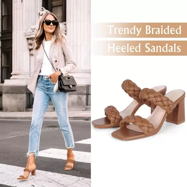 imageAthlefit Womens Braided Heeled Sandals Strappy Square Open Toe Heels Backless Mules Slip On Block HeelsTan