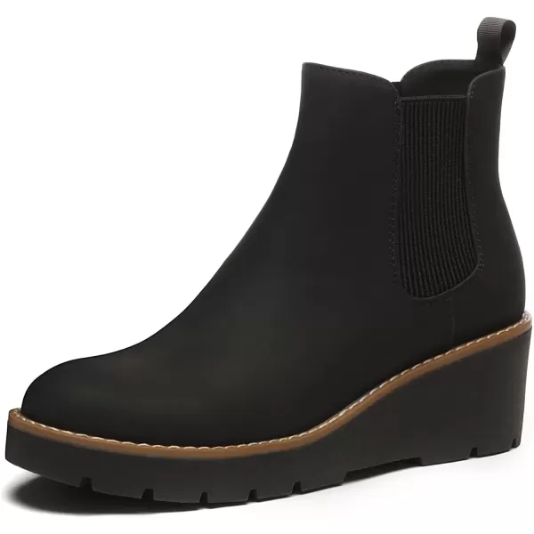 imageAthlefit Womens Chelsea Wedge Boots Elastic Platform Lug Sole Slip on Wedge Ankle BootiesBlack
