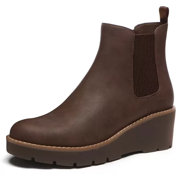 imageAthlefit Womens Chelsea Wedge Boots Elastic Platform Lug Sole Slip on Wedge Ankle BootiesBrown
