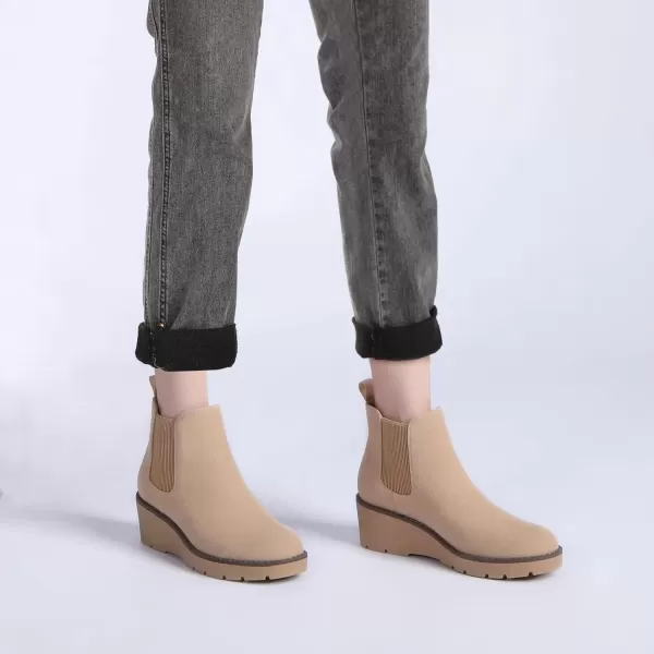 imageAthlefit Womens Chelsea Wedge Boots Elastic Platform Lug Sole Slip on Wedge Ankle BootiesNude
