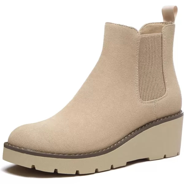 imageAthlefit Womens Chelsea Wedge Boots Elastic Platform Lug Sole Slip on Wedge Ankle BootiesNude